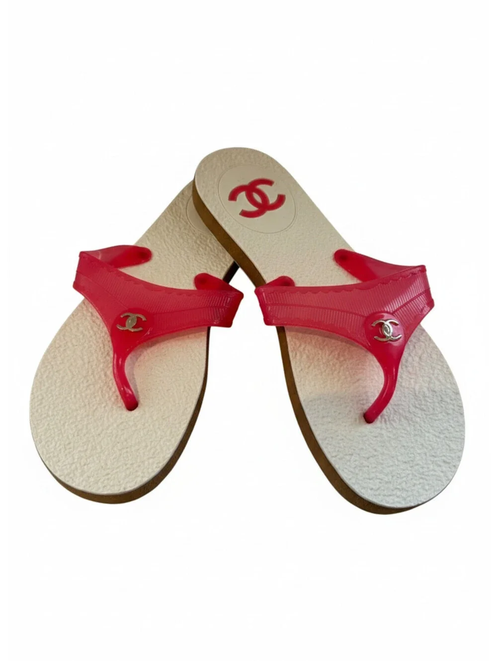 Authentic CHANEL Jelly Thong Sandals - Fuchsia Pink/Cream Size 38 - Pristine/NEW